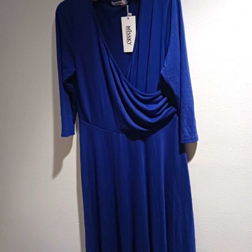 MISSKY Women's 3/4 Sleeve Cross V-Neck Knee Length Swing Dress Royal Blue (XL)